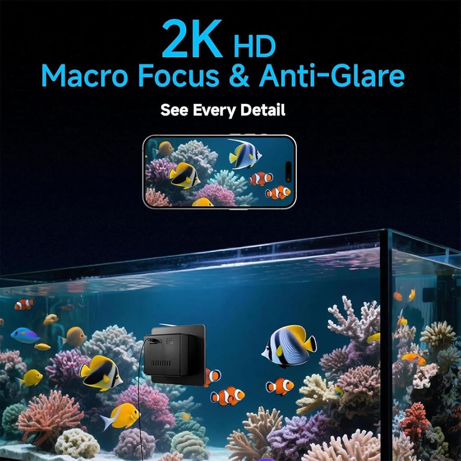2K HD Aquarium Camera, Fish Tank Underwater WiFi Camera with Night Vision Function, 140 ° Wide-Angle Anti Glare and Anti Reflection, Bidirectional Audio Band AI Intelligent Detection (Black)