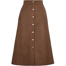 Womens Spring Fall High Waist Corduroy A-Line Slim Button Front Solid Color Midi Skirts