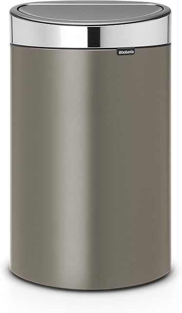Brabantia 40 L Kitchen Touch Bin New (Platinum/Matt Steel Lid) Removable Lid, Soft-Touch Open, Flat Back, Easy Clean Rubbish Waste Bin + Bin Bags