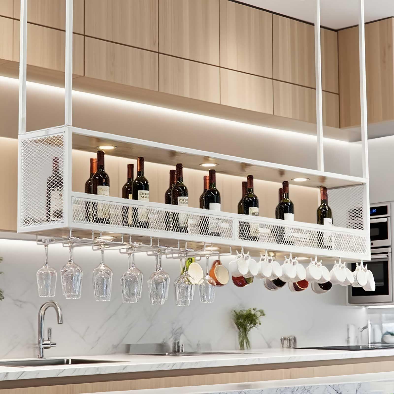 Étagère à vin suspendue en hauteur réglable à 2 niveaux pour bar, restaurant, café, cuisine