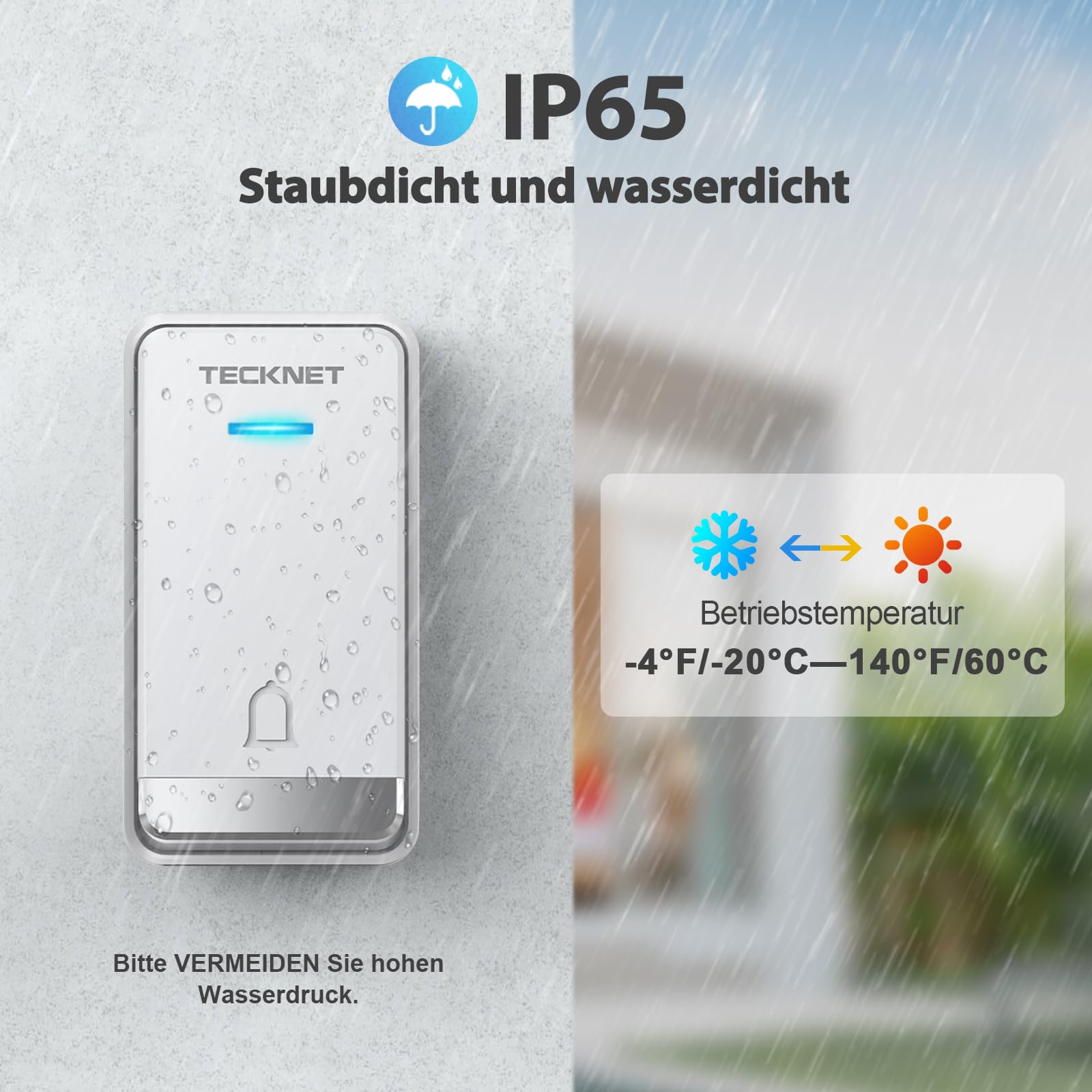 TECKNET Kabellose Türklingel Batterielose, Steckdosen-Funkklingel Wasserdicht Drahtloses Funk Türklingel mit 2 EU-Steckdose und 2 Sender, 400m, 60 Laute Melodien, 5 Lautstärke Stufen, LED, Weiß