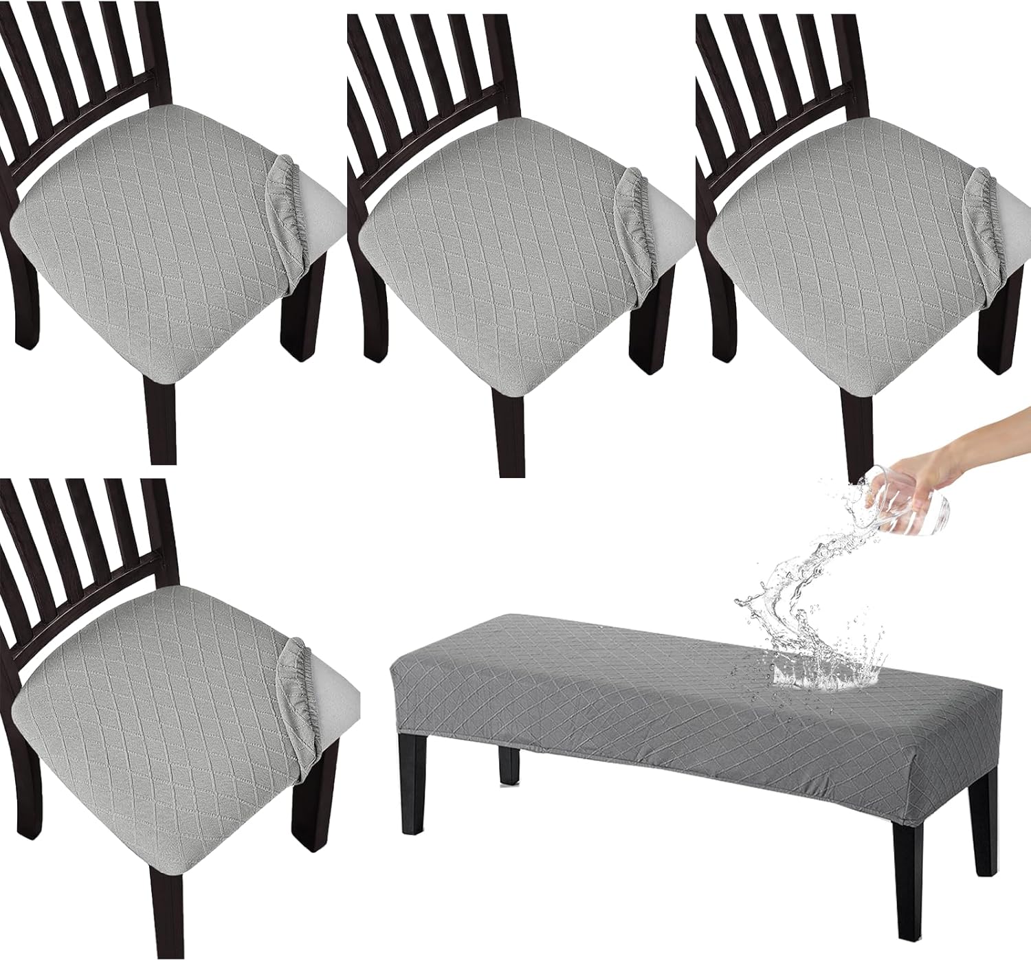 KRFOONN Waterproof Seat Covers for Dining Room Chairs Set of 4 with Dining Bench Cover Jacquard Washable Chair Covers Removable Kitchen Chair Cushion Slipcovers for Dining Room, Light Grey
