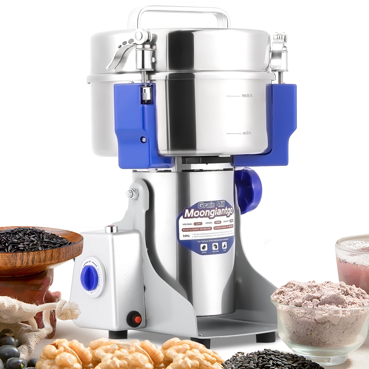 Moongiantgo 1500g Electric Grain Grinder 3000W Spice Mill 36000rpm Stainless Steel Superfine Grinder 50-300 Mesh with Commercial Motor, Overload & Open-Cover Stop Protection