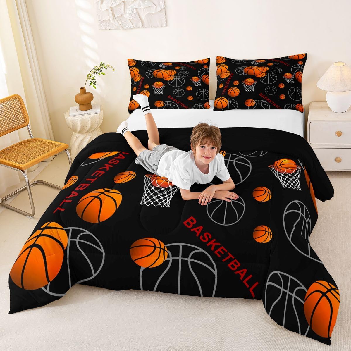 Erosebridal Basketball Full Bedding Set - Sports Themed Comforter Set with 3 Pieces and 2 Pillow Cases in Orange and Black