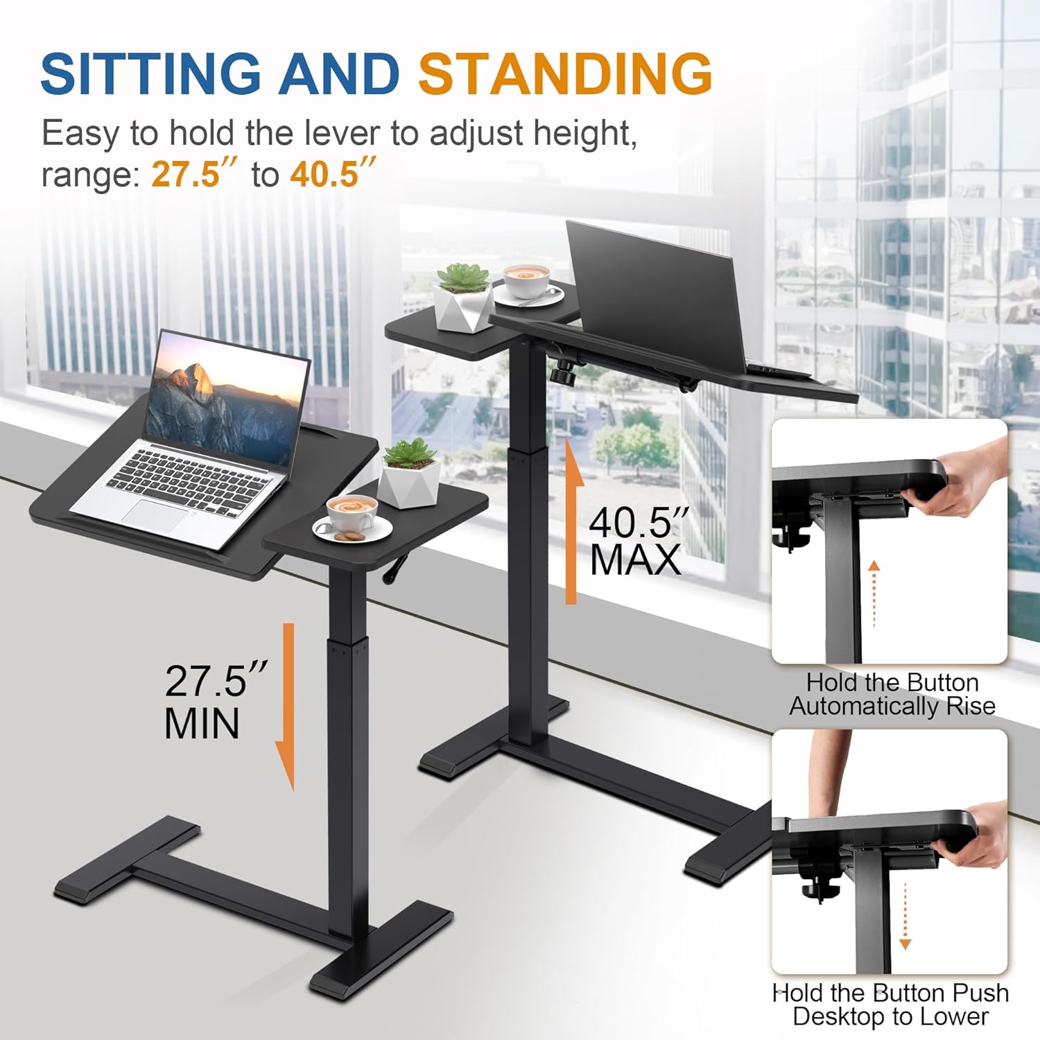 Adjustable Overbed Bedside Table with Hidden Wheels, Pneumatic Tilt Board Rolling Laptop Standing Desk Cart, Mobile Over Bed Sofa Chair Side End Tables, Walnut (Black)