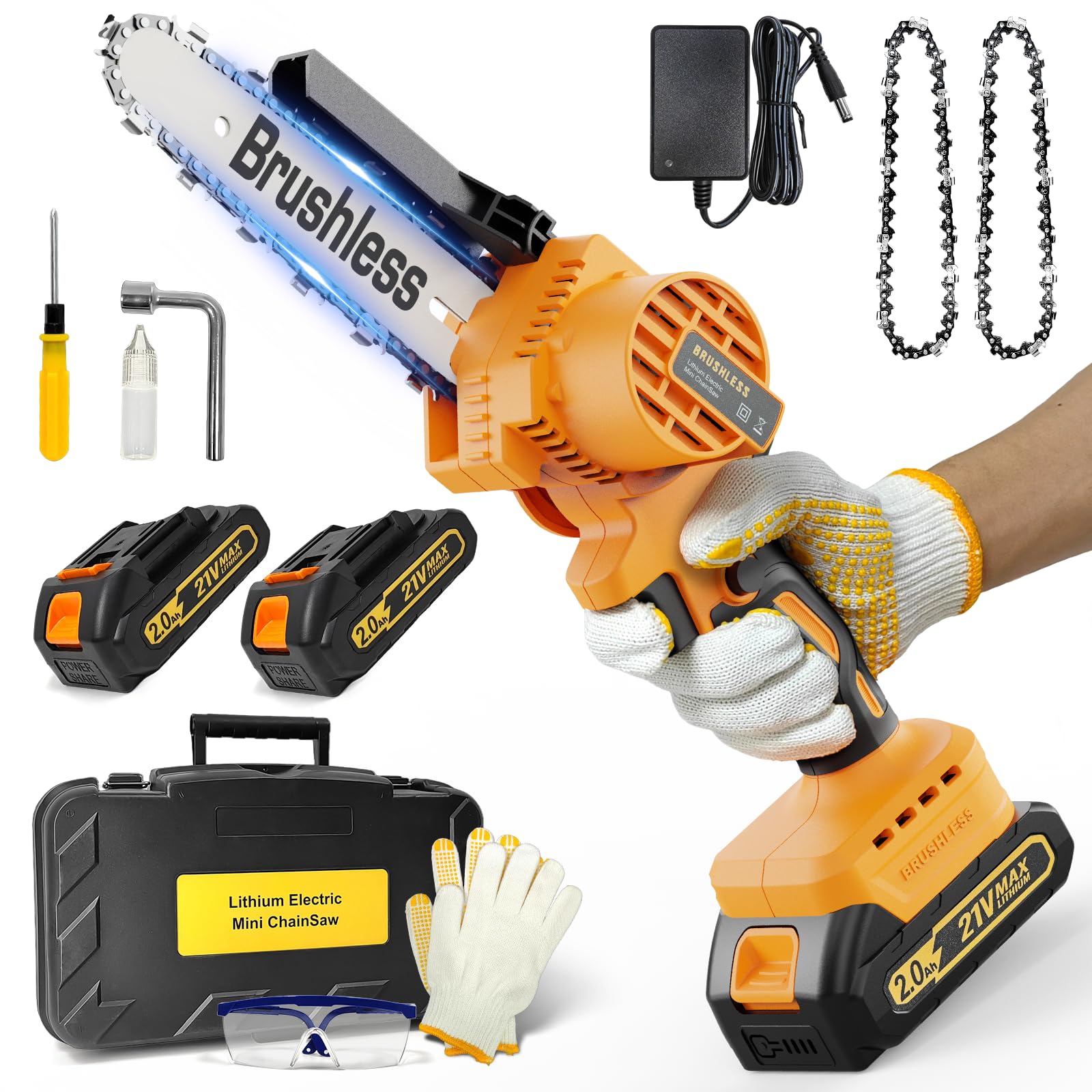 Mini Chainsaw Cordless 6 Inch, Brushless Electric Chainsaw with 2x2000mAh Batteries, Mini Chain Saw Battery Powered for Garden Pruning, DIY, Storm Cleanup, Great Gift for Men