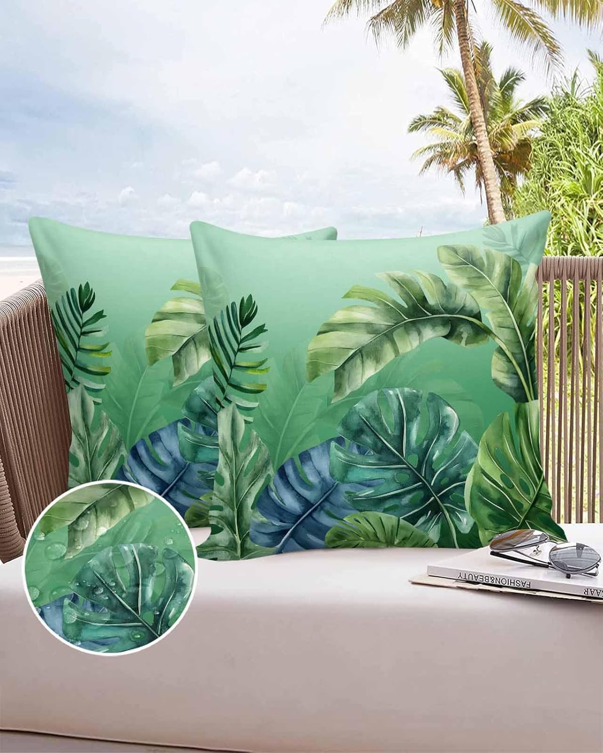 YOUNGKIDS Tropical Leaf Outdoor Pillow Covers 24x24 Inch Set of 2 Waterproof Decorative Throw Pillow Covers, Summer Outdoor Throw Pillows Cushion Case for Patio,Garden, Sofa,Couch,Porch Decor