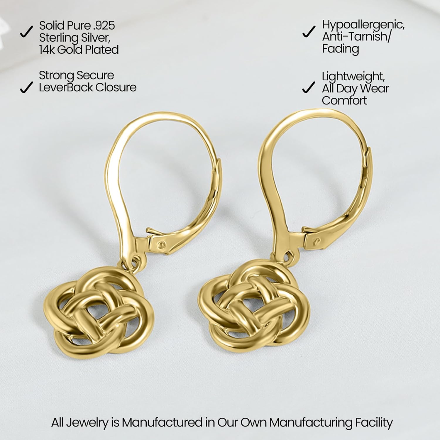 925 Sterling Silver Celtic Love Knot Infinity Leverback Earrings for Women – Hypoallergenic Dangle Drop Flower Eternity Irish Jewelry, Gift for Her