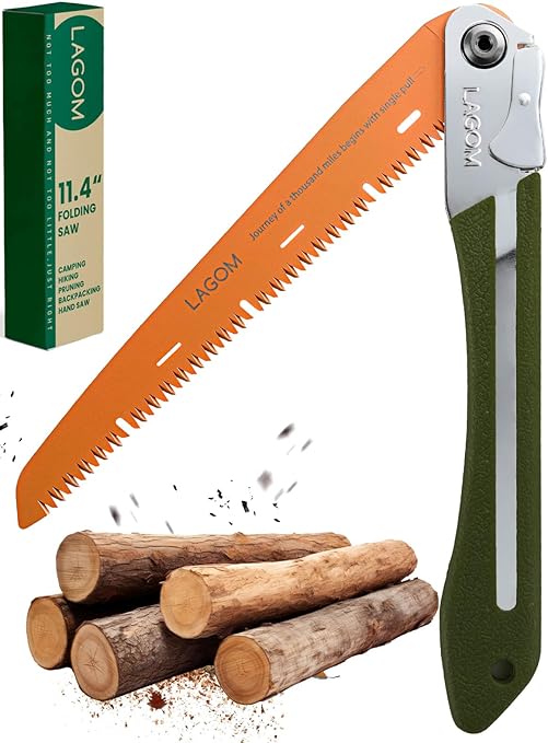 LAGOM Folding Camp Saw for Cutting Branches, 11.4" Straight Blade | SK5 Steel, Ergonomic Handle, One-Hand Use, Secure Lock | Foldable Pruning Tool for Camping, Gardening, Survival, Kayaking, Outdoors