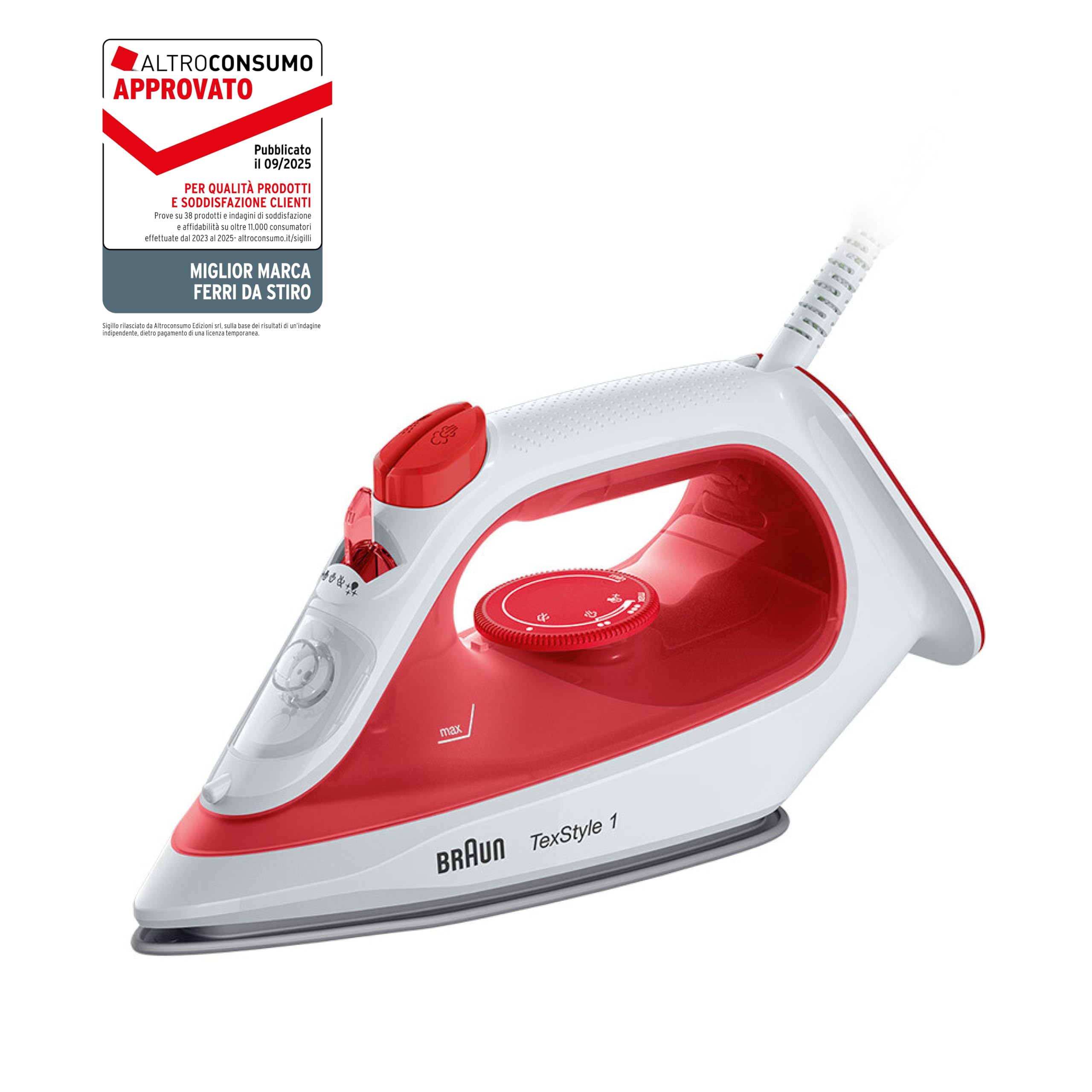Braun TexStyle 1 SI 1019, Ferro da stiro a Vapore, Rivestimento Antiaderente, Termostato, 25g/min in modalità Turbo, Capacità Serbatoio Acqua 220ml, 1900W, Rosso/bianco