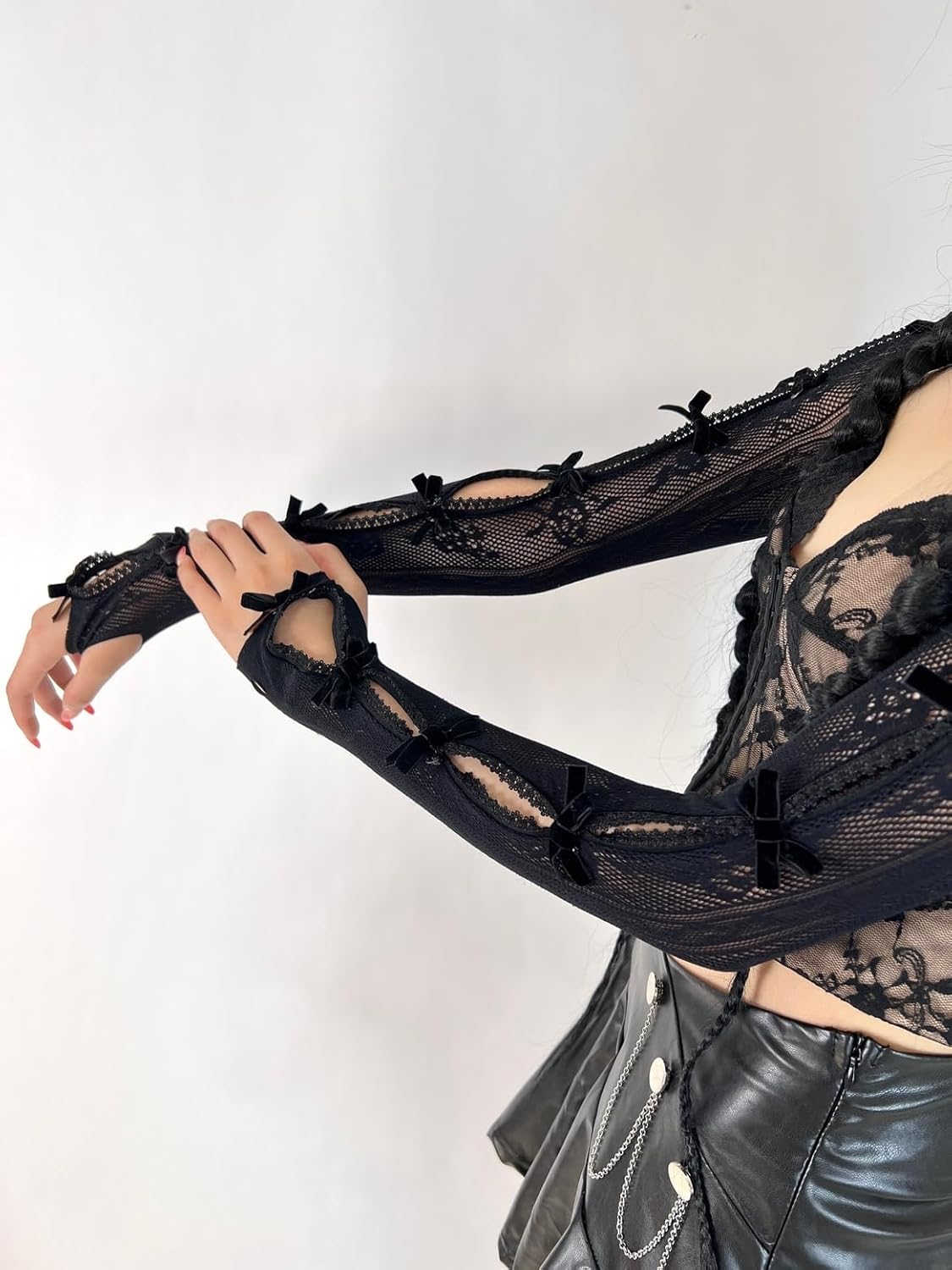 Women's Mesh Lace Shrug Crop Top Y2K Aesthetic Arm Sleeves Cardigan with Bow Grunge Cute Fairycore Accessories - Image 5