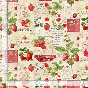 Cotton Berry Sweet Fruit Strawberries Market Collage Flowers Timeless Treasures Cotton Fabric Print by the Yard FRUIT-CD3400-Beige