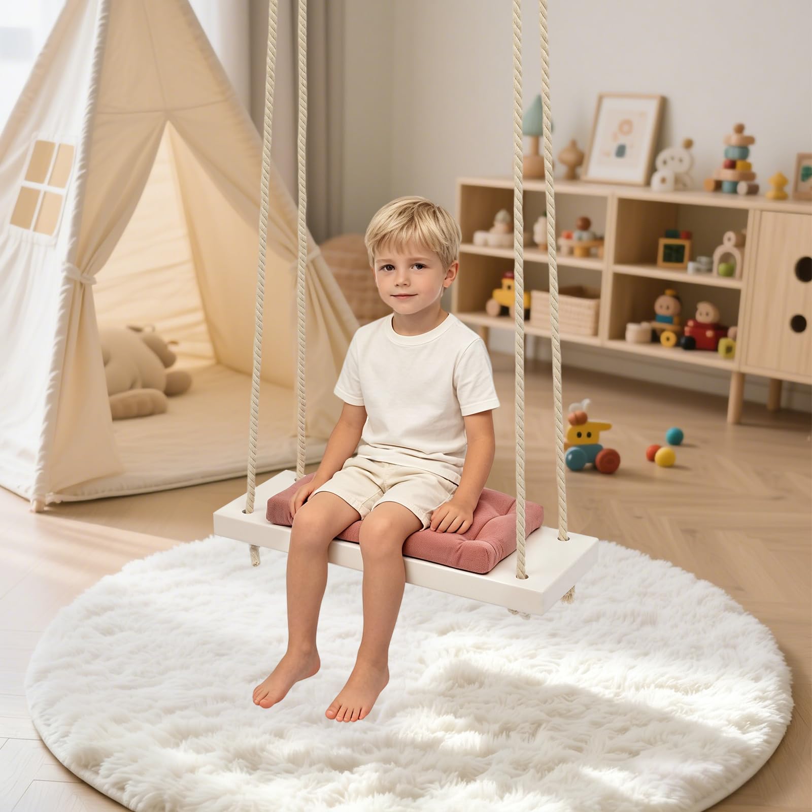 Altalena per bambini in legno massiccio con cuscino in schiuma, rosa, fino a 50 kg