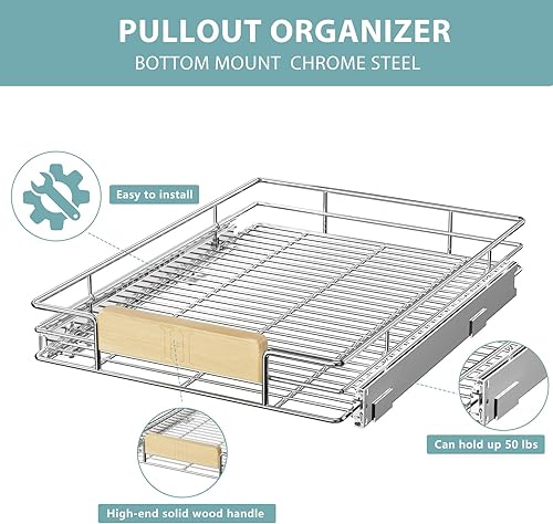 Miniatura 9 de LOVMOR Organizador de gabinete extraíble con mango de madera, 16 pulgadas de ancho x 21 pulgadas, organizador deslizante para cocina, despensa