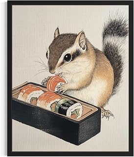Chipmunk Eating Sushi Japanese Wall Art Print Poster, Quirky Animal Poster, Retro Funny Animal Food Art Print, Unique Kitchen Dining Room Wall Decor, Sushi Lover 215 (Chipmunk, 11 x 14 inches, Black Frame)