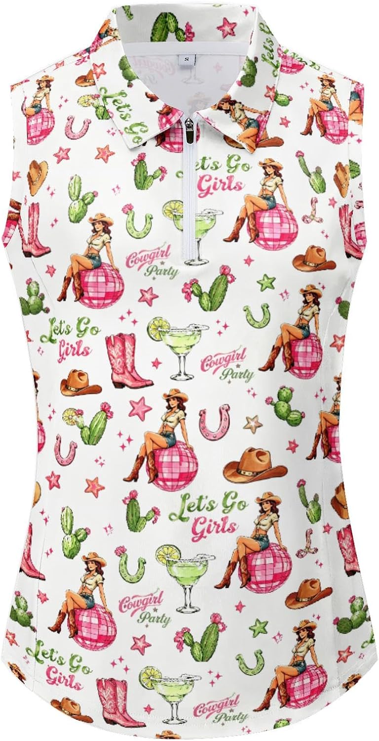 Sleeveless Women Golf Shirts Funny Polo Zip Tank Top