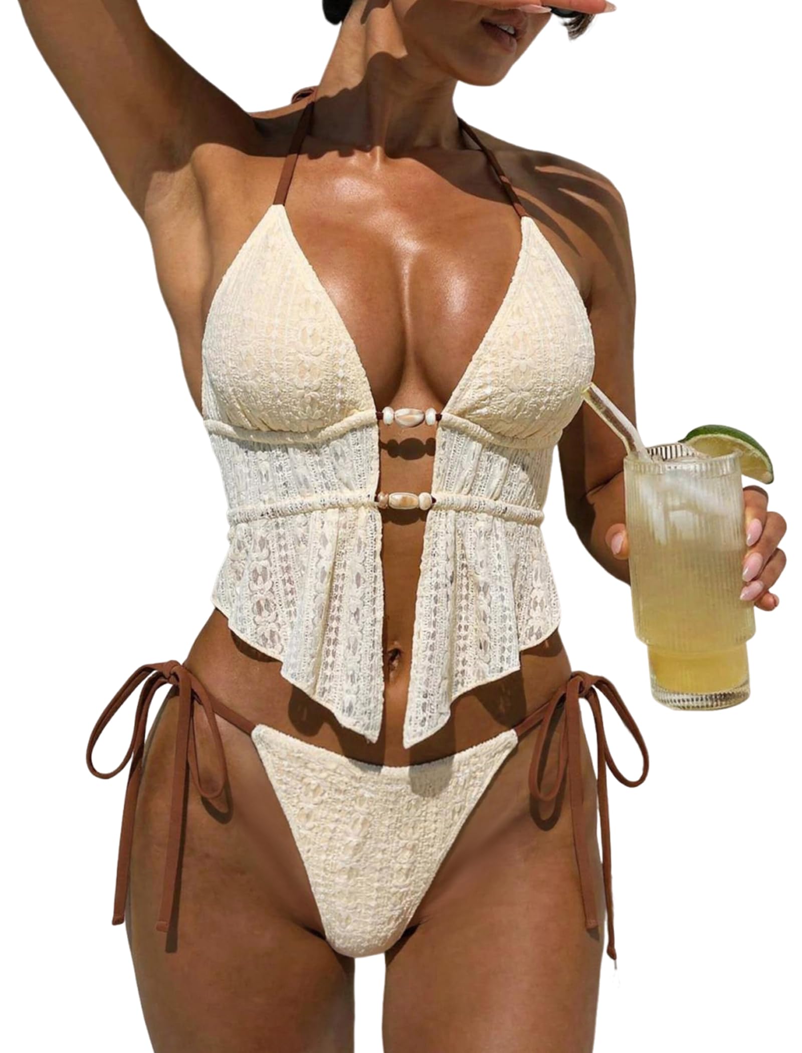 Photo 1 of ZAFUL Colorblock Halter Swimsuits for Women Lace Up Beaded Backless 2 Piece Bikini Sets Cheeky High Cut Bathing Suits 7-Beige S