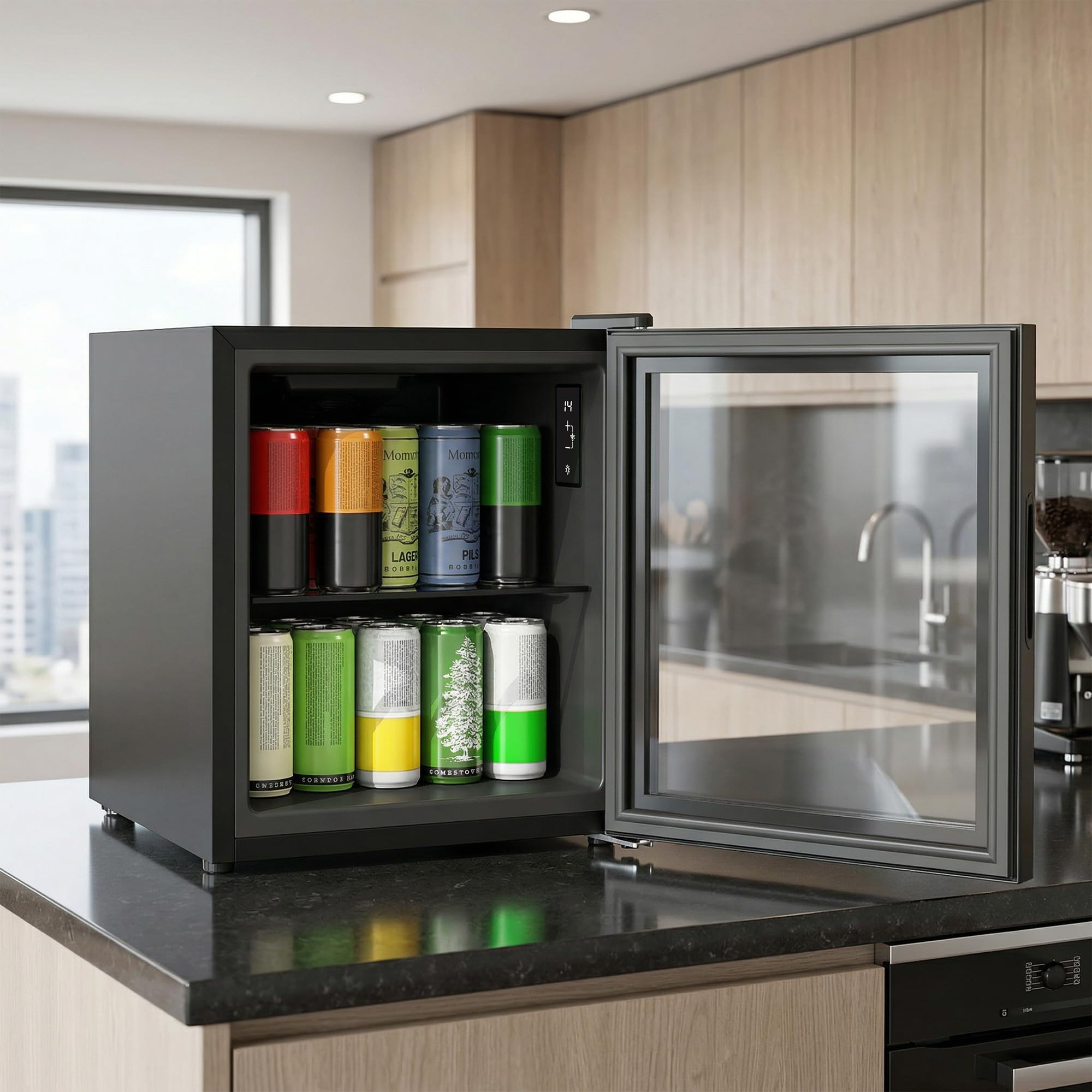 HOMCOM Mini Frigo per Bevande 46L 59 Lattine, Frigorifero Piccolo da Tavolo e Camera Silenzioso, 0-20℃, Porta in Vetro, Ripiano, Display Touch, Classe D, Luci LED, per Birra, Cucina, Ufficio, Nero