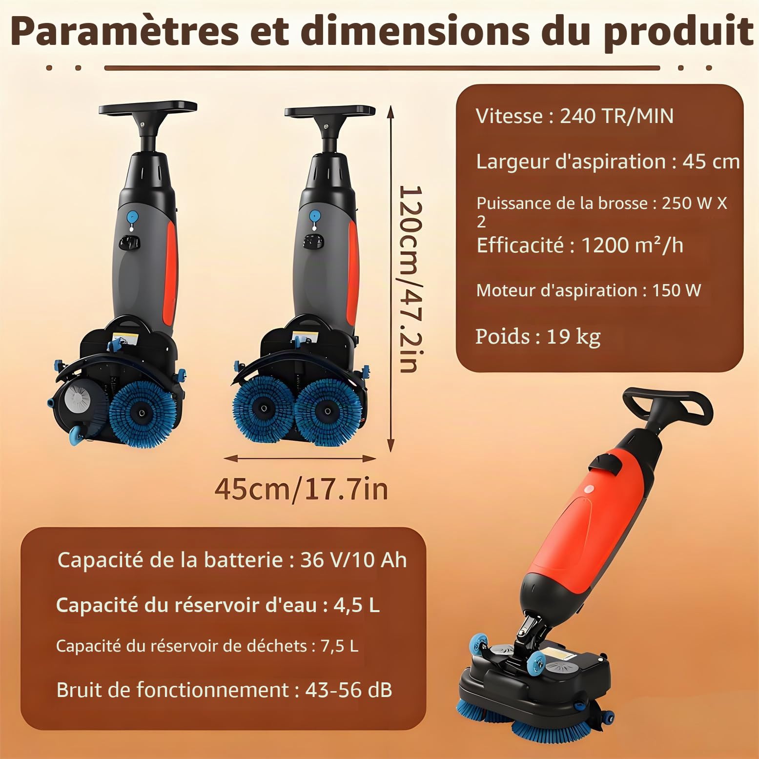 Autolaveuse de Sol Automatique Mini, sans Fil et alimentée par Batterie, Largeur de Nettoyage de 43 cm (17 Pouces), autonomie de 90 Minutes, Dimensions : 120 x 50 x 36 cm Grey