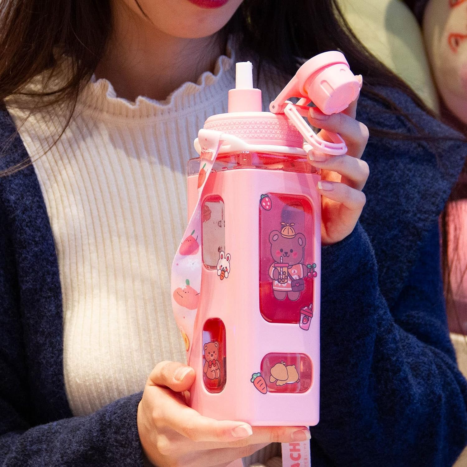 NOMAZO Kawaii Water Bottle with Straw | Cute Square Water Bottles with Kawaii Stickers | Leakproof Portable Water Jug for Kids | Reusable 700ml Drinking Bottle with Handle -Pink 2