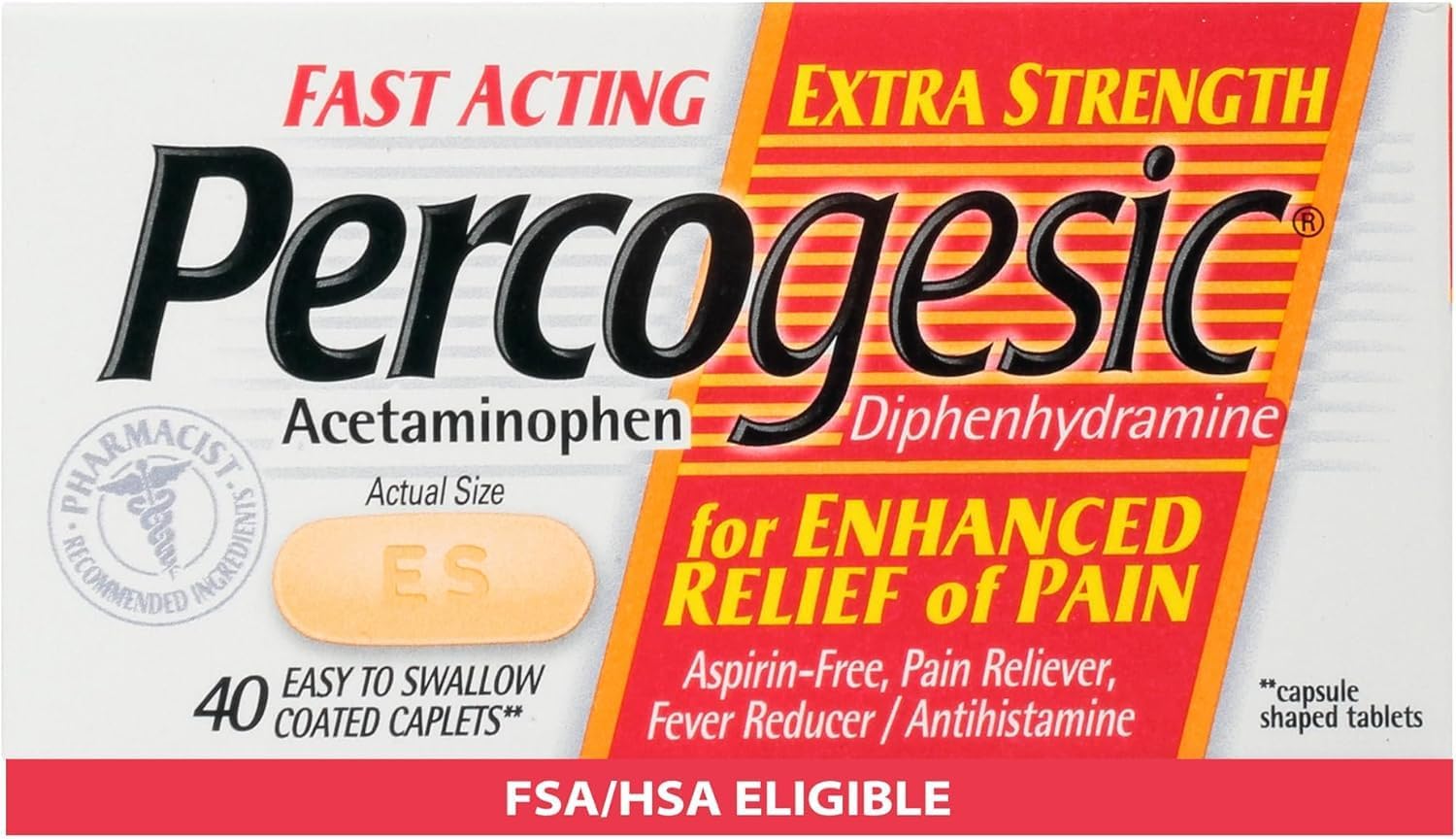 Percogesic Aspirin Free Pain Relief Tablets, Extra Strength, Acetaminophen and Diphenhydramine, 40 ct (Pack of 1)