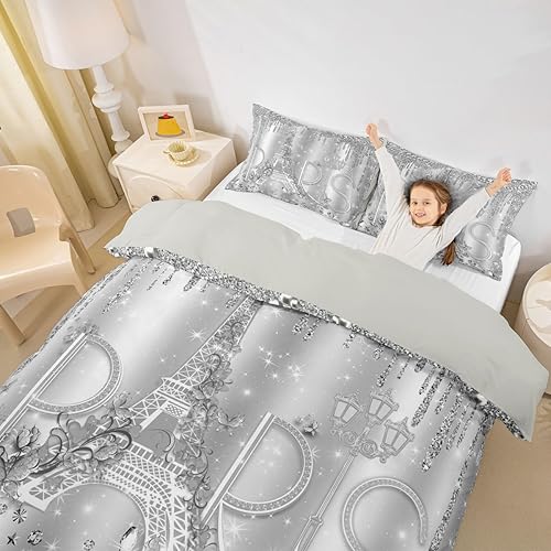 Miniatura 3 de París - Juego de funda de edredón tamaño individual, juego de ropa de cama de 2 piezas con diamantes plateados y purpurina para decoración de