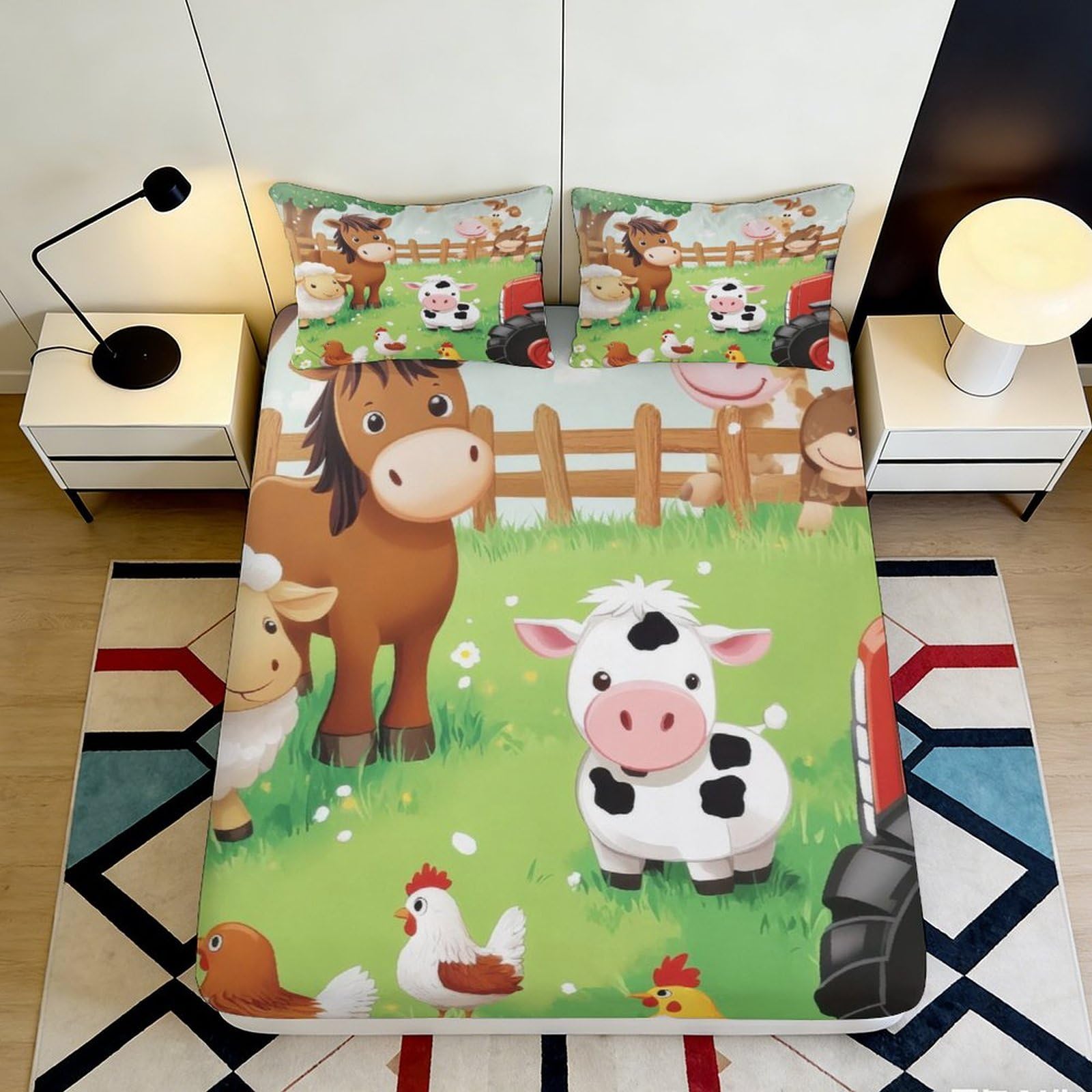 3D Printed Farm Animal Fitted Sheet Microfiber Deep Pocket Non-Slip Farm Animal Mattress Fitted Cover for Bedroom Bedding Adults Teens 180x200x25cm