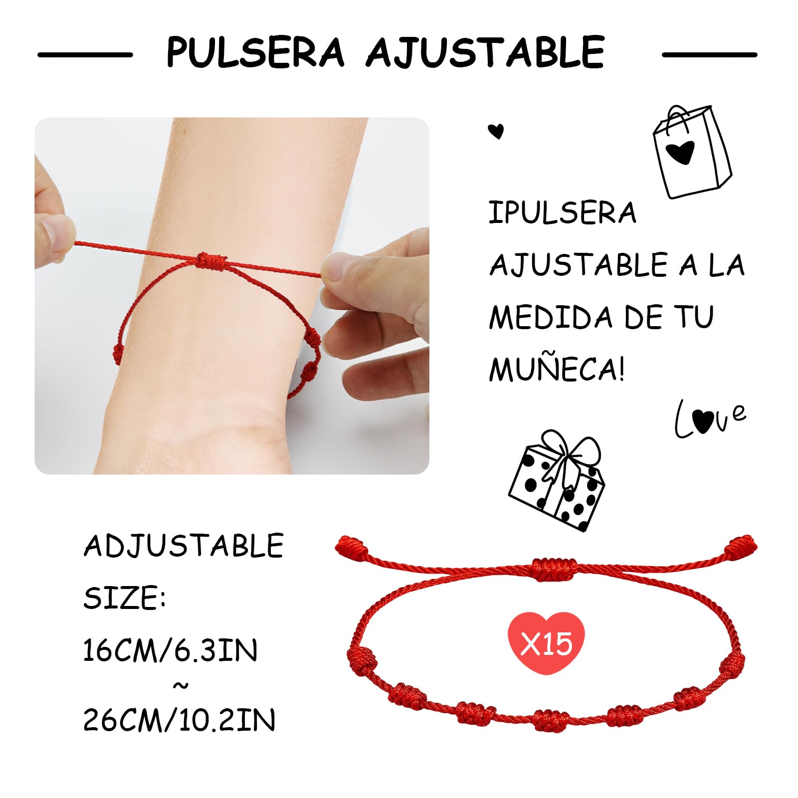 Fantasyon 15 Piezas Pulseras Roja de 7 Nudos, Suerte y Protección, Pulsera Ajustable Hecha a Mano de Hilo Rojo, Amuleto de Hilo para Hombre Mujer Parejas y Amistad