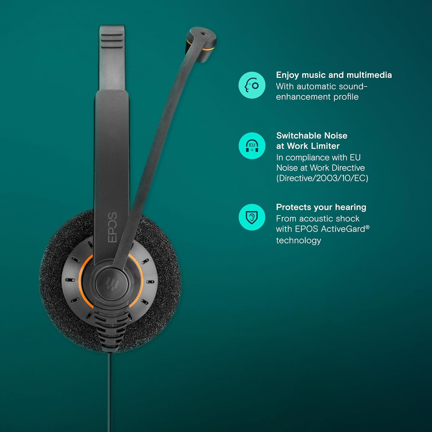 EPOS headset features: music and multimedia, noise at work limiter, hearing protection