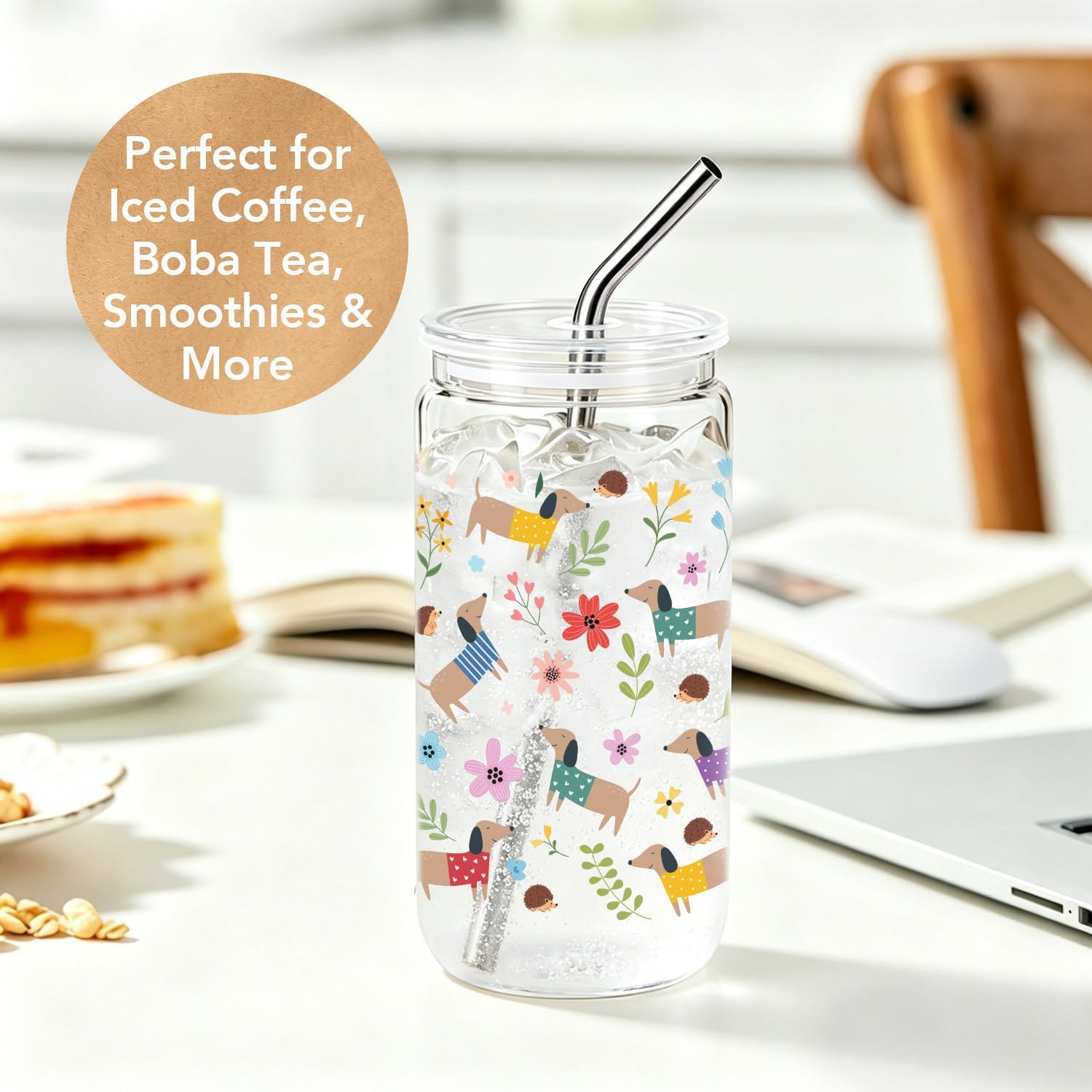Dachshund Gifts for Women 16Oz Glass Cups with Lids and Straws, Cute Floral Wiener Dog Iced Coffee Cup Tumbler for Friends Family, Birthday Mothersday Gifts for Dog Mom Dachshund Lovers Pet Owners