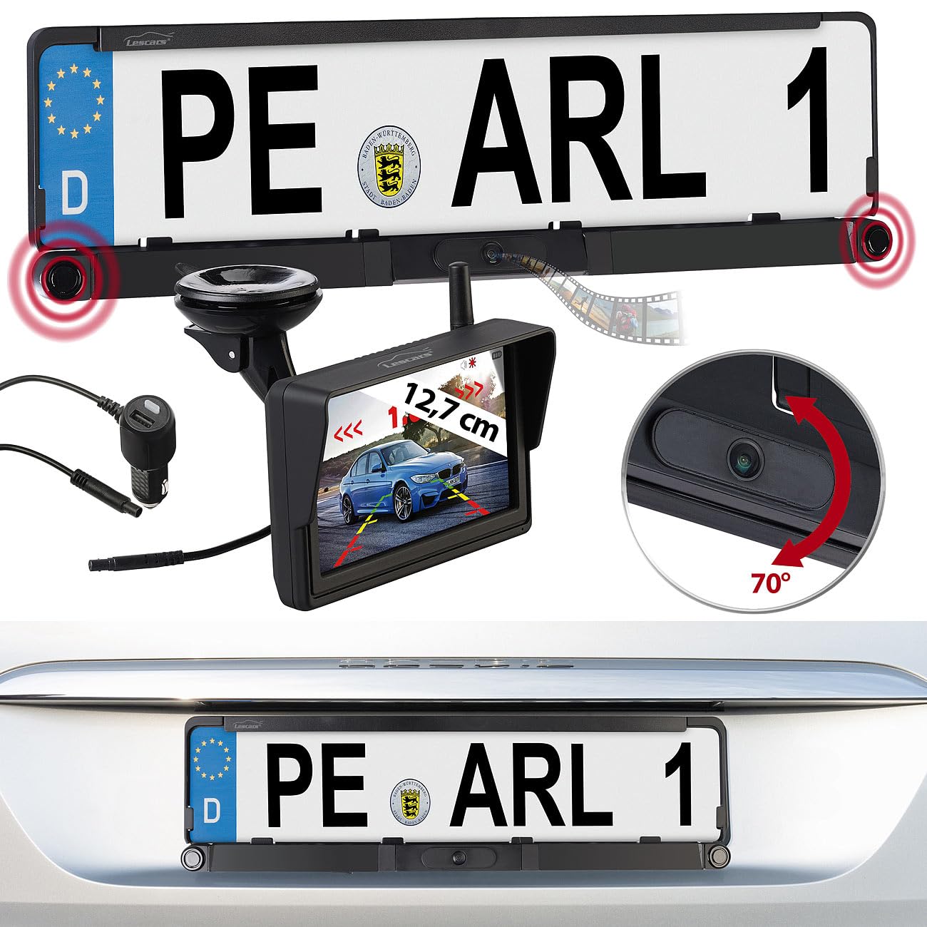 Lescars cámara Trasera HD inalámbrica para portamatrículas con Monitor IPS de 5 Pulgadas y sensores de Aparcamiento ZX8442