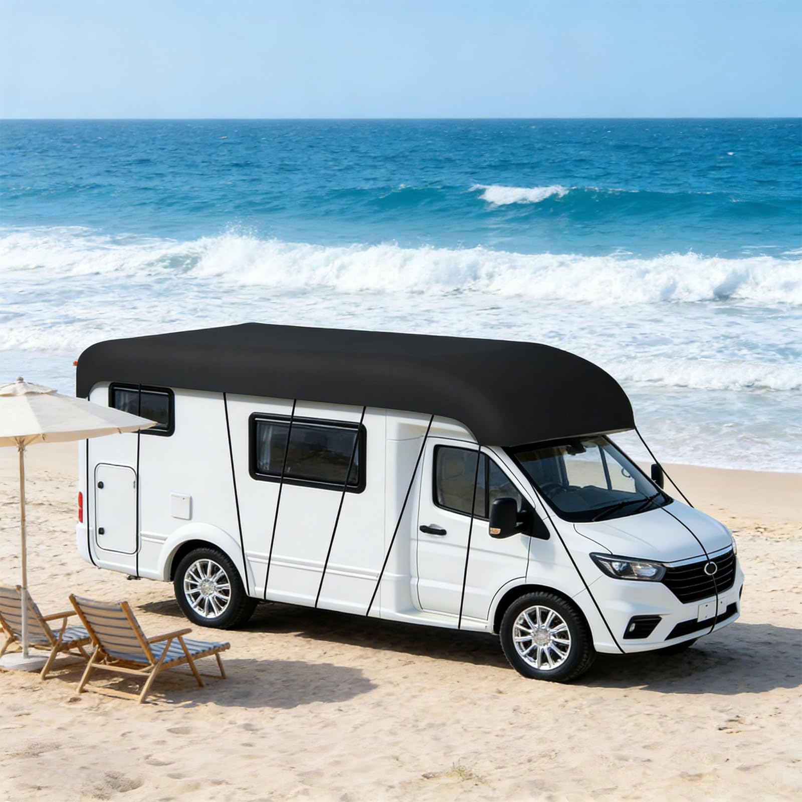 GEARMONSTER 6,5x3m Wohnwagen Abdeckung 210D Oxford Wasserdicht, Schwarz | Schutzhülle, UV Schutz, Regenschutz, Staubschutz, Dachabdeckung, atmungsaktiv, Wohnwagen, langlebiges Oxford Gewebe