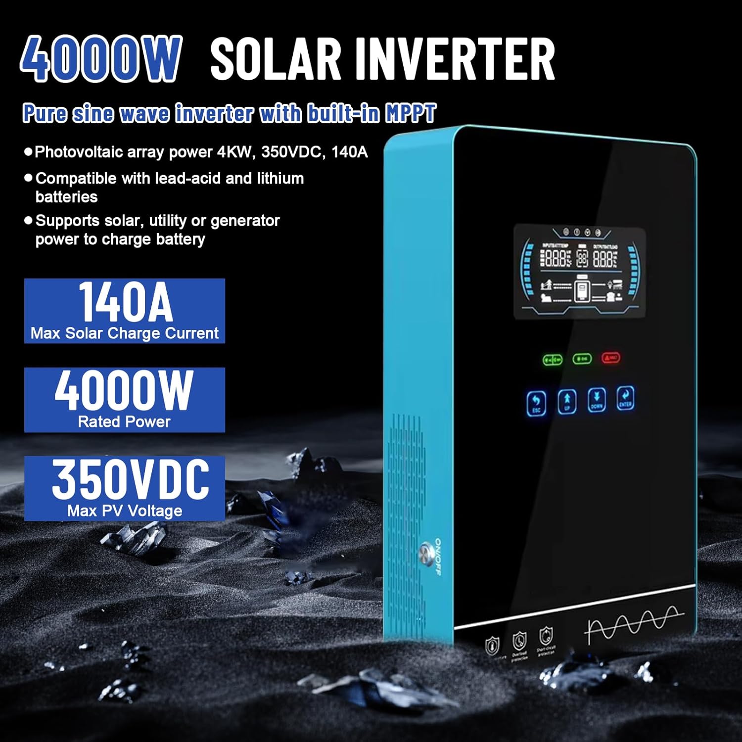 POWLAND 4000W Hybrid Solar Inverter | 24V DC to 120V AC Pure Sine Wave | LCD Display with Glass Top | 140A MPPT Charge Controller | Battery-Less & Lithium/AGM Battery Compatible - Image 2