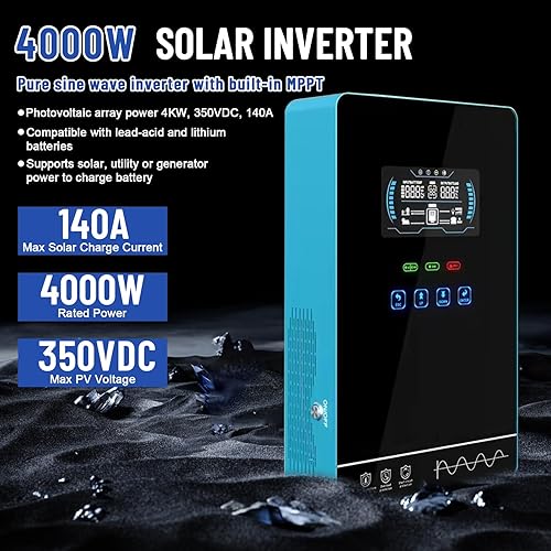 Miniatura 2 de POWLAND Inversor solar híbrido de 4000 W Onda sinusoidal pura de 24 V CC a 120 V CA Pantalla LCD con parte superior de vidrio Controlador