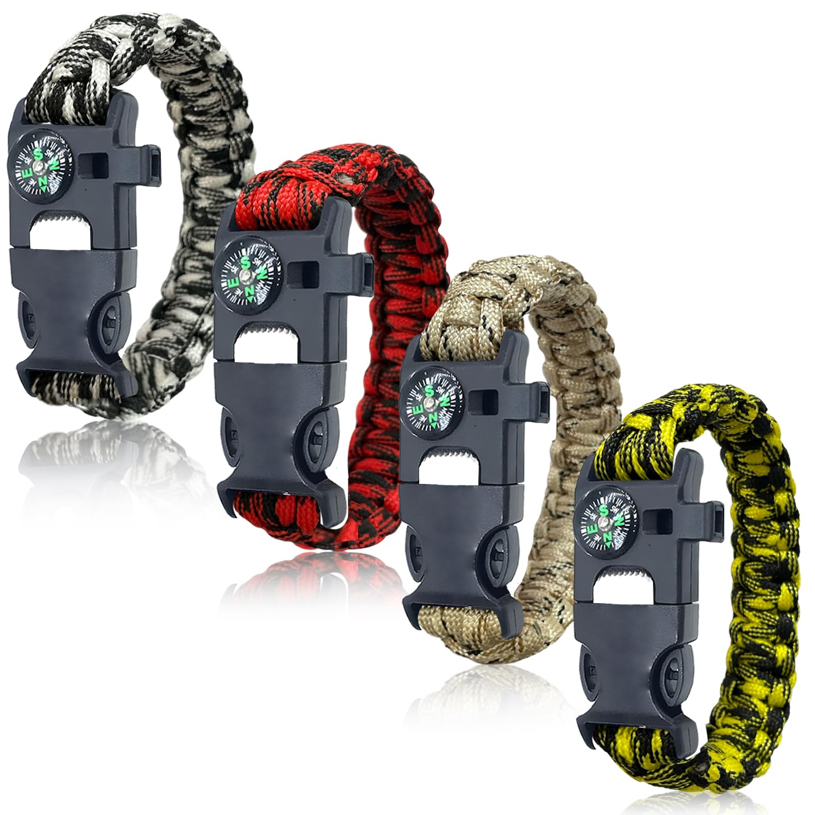 BOSOIRSOU Survival Bracelets 4-Pack | 5-in-1 Paracord Bracelet Set with Fire Starter, Compass & Whistle | Emergency Outdoor Gear for Camping, Hiking — image 1