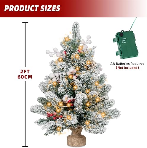 Miniatura 3 de ININ Mini árbol de Navidad preiluminado de 2 pies, árbol de Navidad artificial de mesa con luces LED, pequeño árbol de Navidad con base de bolsa de
