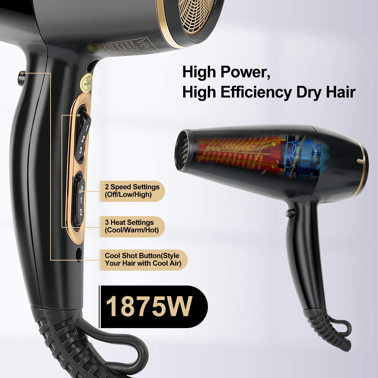 Diagram showing hair dryer controls: 2 speed settings, 3 heat settings, and cool shot button