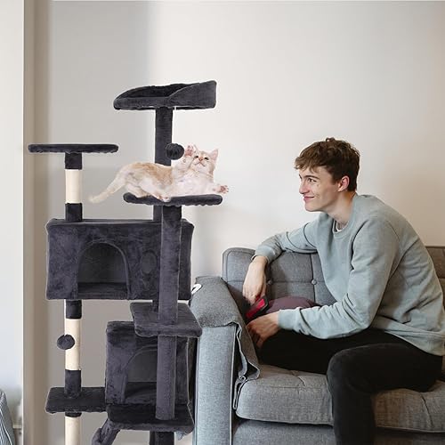 Miniatura 9 de Torre de árbol para gatos de interior, torre para gatos de varios niveles de 54 pulgadas para gatos grandes, casa alta de árbol para gatos con poste