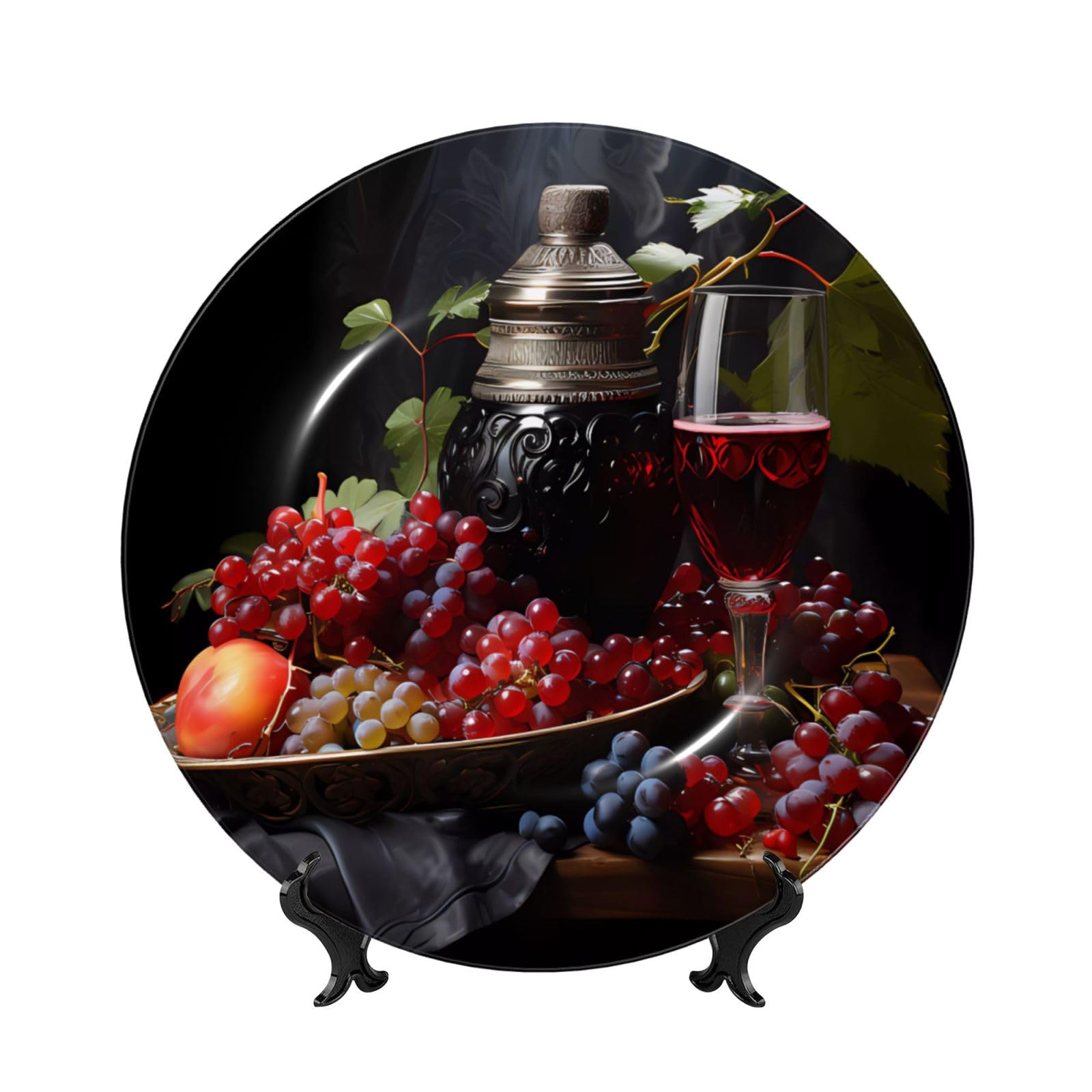 SXZVVBN Grapes and Wine Bone China Decorative Plate Art with Stand Removable Adhesive Hanging for Home Office 6in（15cm）