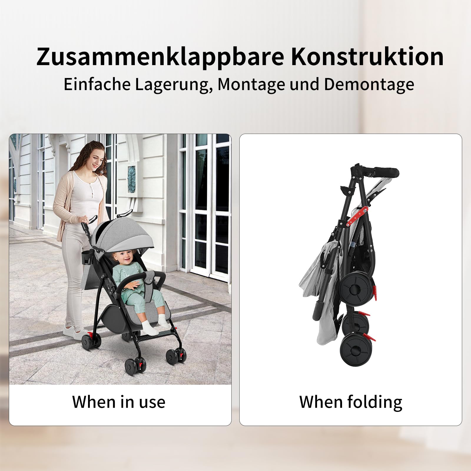 OHMG Reisebuggy flugzeug handgepäck,Kinderkraft Kinderwagen,Leichte Reise Buggy,Liegeposition, Kleine Maße nach Zusammenklappen,Vergrößerbares Verdeck,Für Geburt, bis 22 kg (A-Grau)