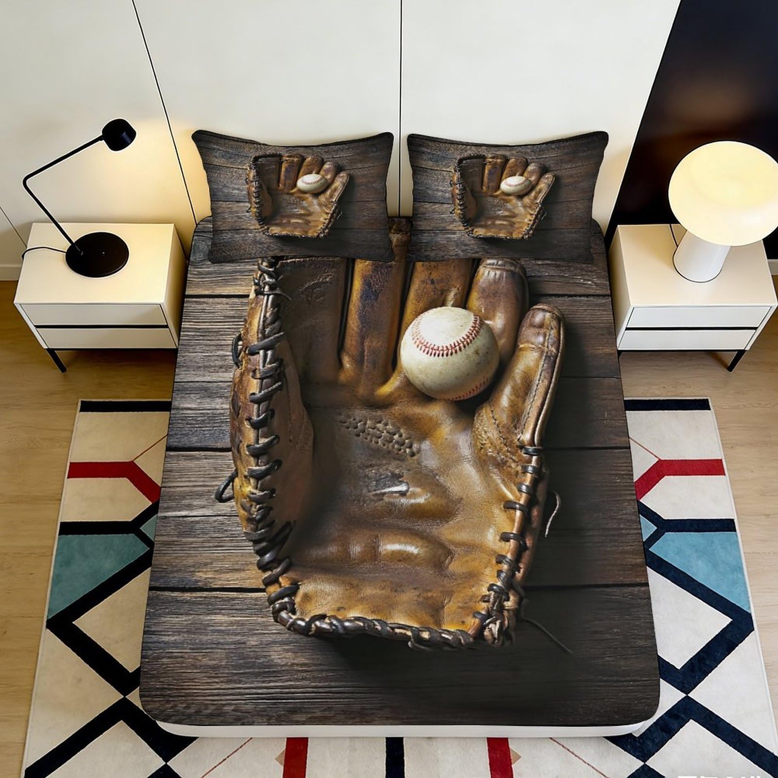 3D Printed Vintage Baseball Glove Fitted Sheet Microfiber Durable Soft 3D Printed Baseball Ball Mattress Cover for Bedroom Dormitory Guest Room 180x200x25cm