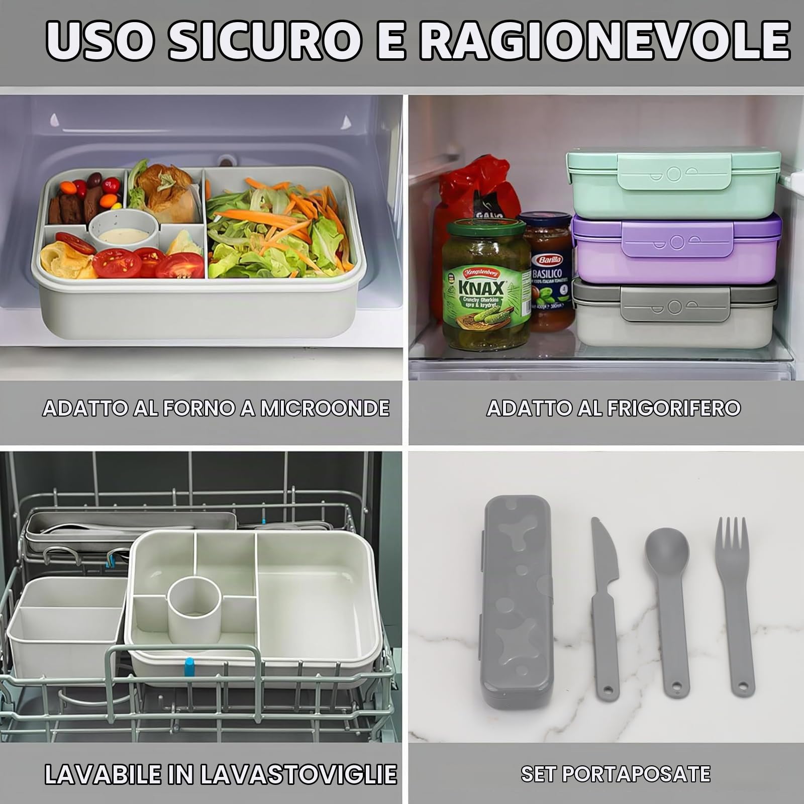 Bugucat Lunch Box 1300ML, Portapranzo Bento Box Contenitori 5+2 Scomparti, Pranzo Impilabile Schiscetta Pranzo da Ufficio, Porta Pranzo ermetico con Forchetta e Cucchiaio Microonde Sicuro,Grigio