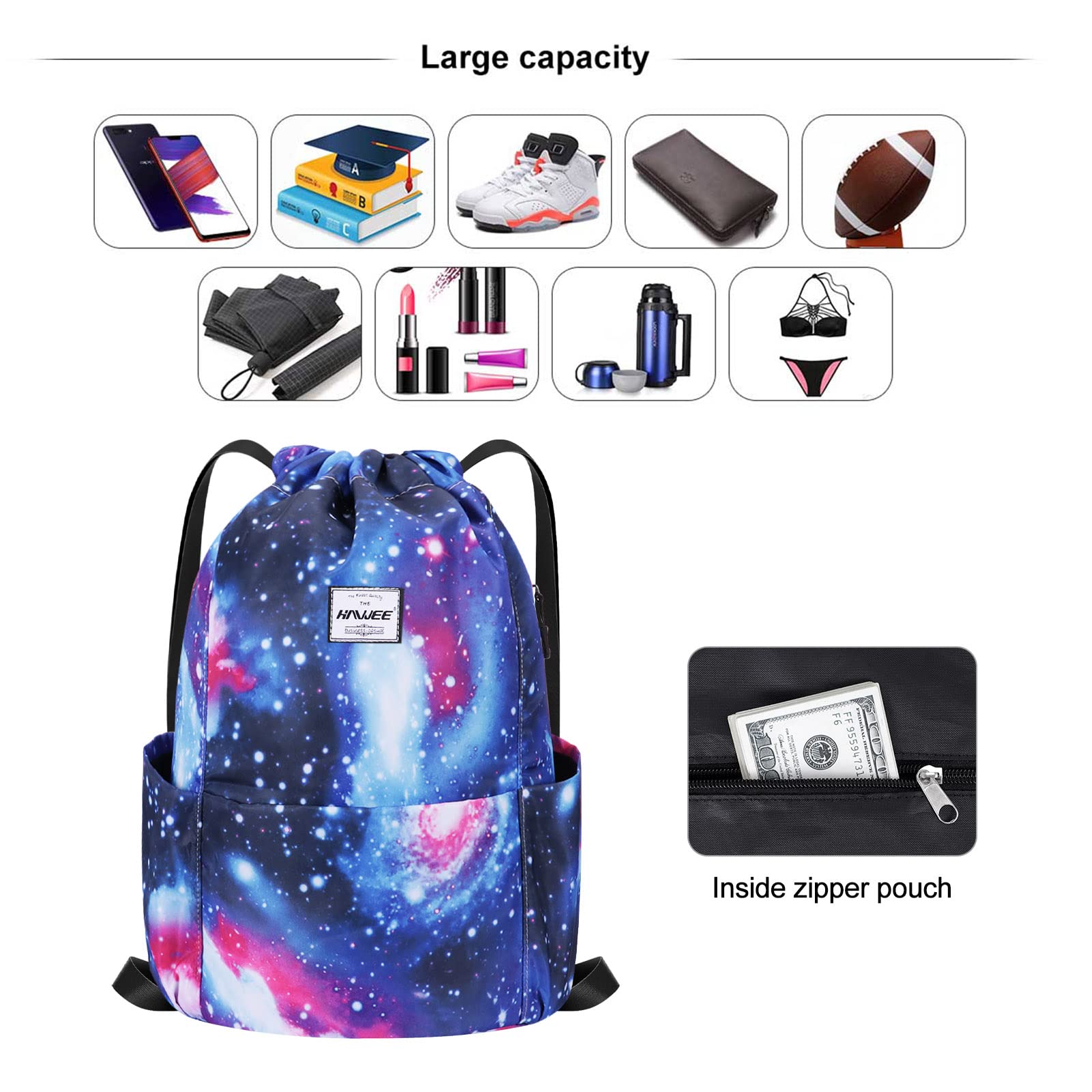 Impermeabile Sportivo Zaino con Coulisse Grande Coulisse Borsa da Palestra con Tasca Interna Unisex per Donna Uomo Vita Quotidiana Sport All'aperto Tempo Libero Yoga Scuola Spiaggia Nuoto