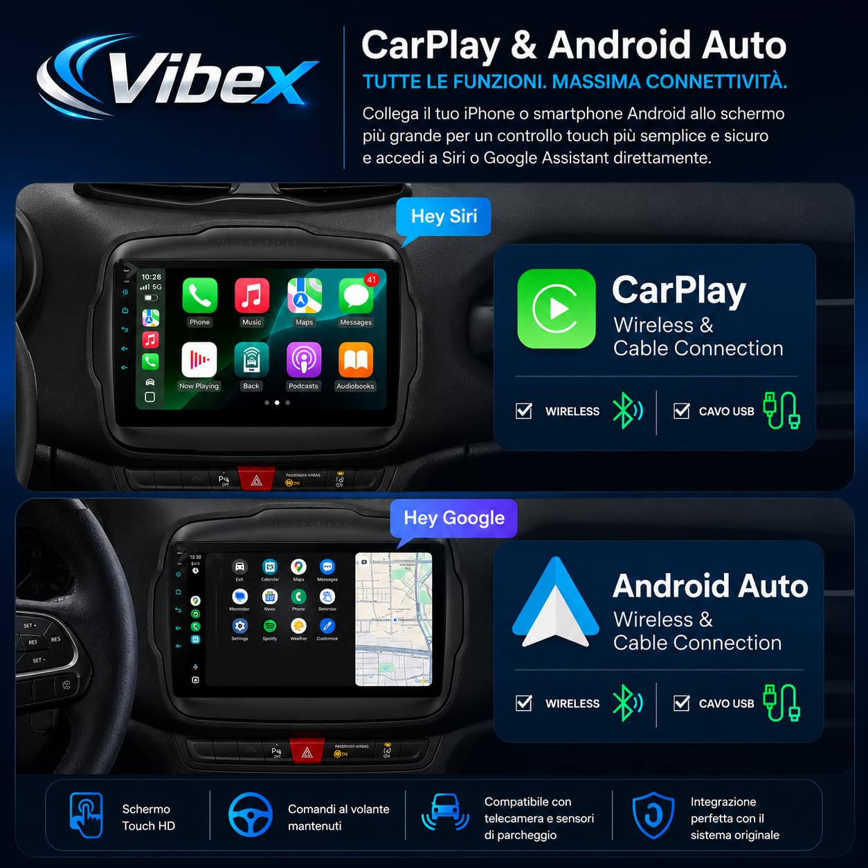 VIBEX Autoradio 9" Android per Jeep Renegade 2014 2015 2016 2017 2018 2019 2020, Wireless Apple CarPlay Android Auto, Navigazione GPS, Bluetooth, WiFi, Schermo Touchscreen, Supporto Retrocamera