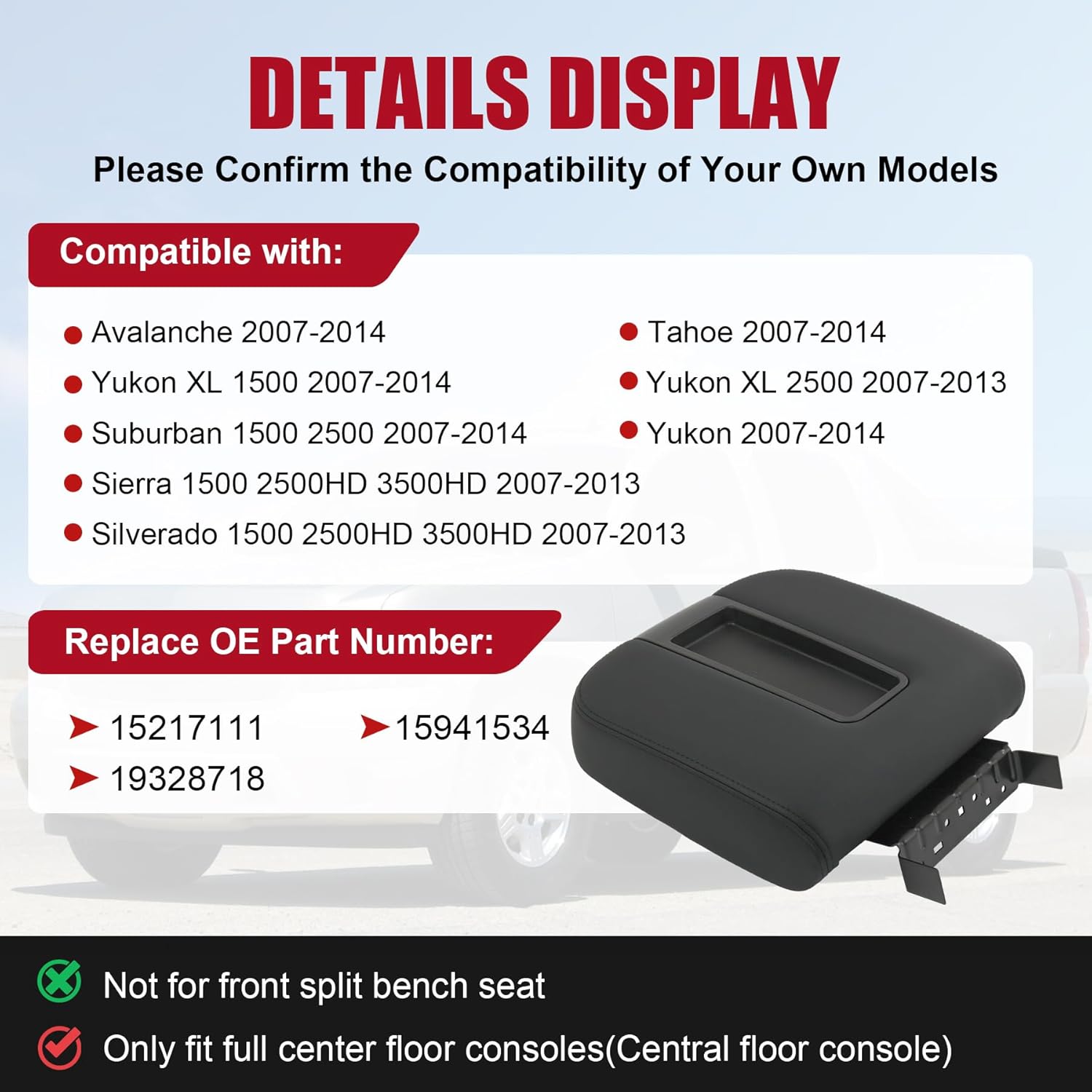 Center Console Armrest Lid Box Cover Compatible with 2007-2014 Chevy Silverado Avalanche Tahoe Suburban 1500 2500 GMC Sierra Yukon XL Replaces 15217111 15941534 19328718 Black