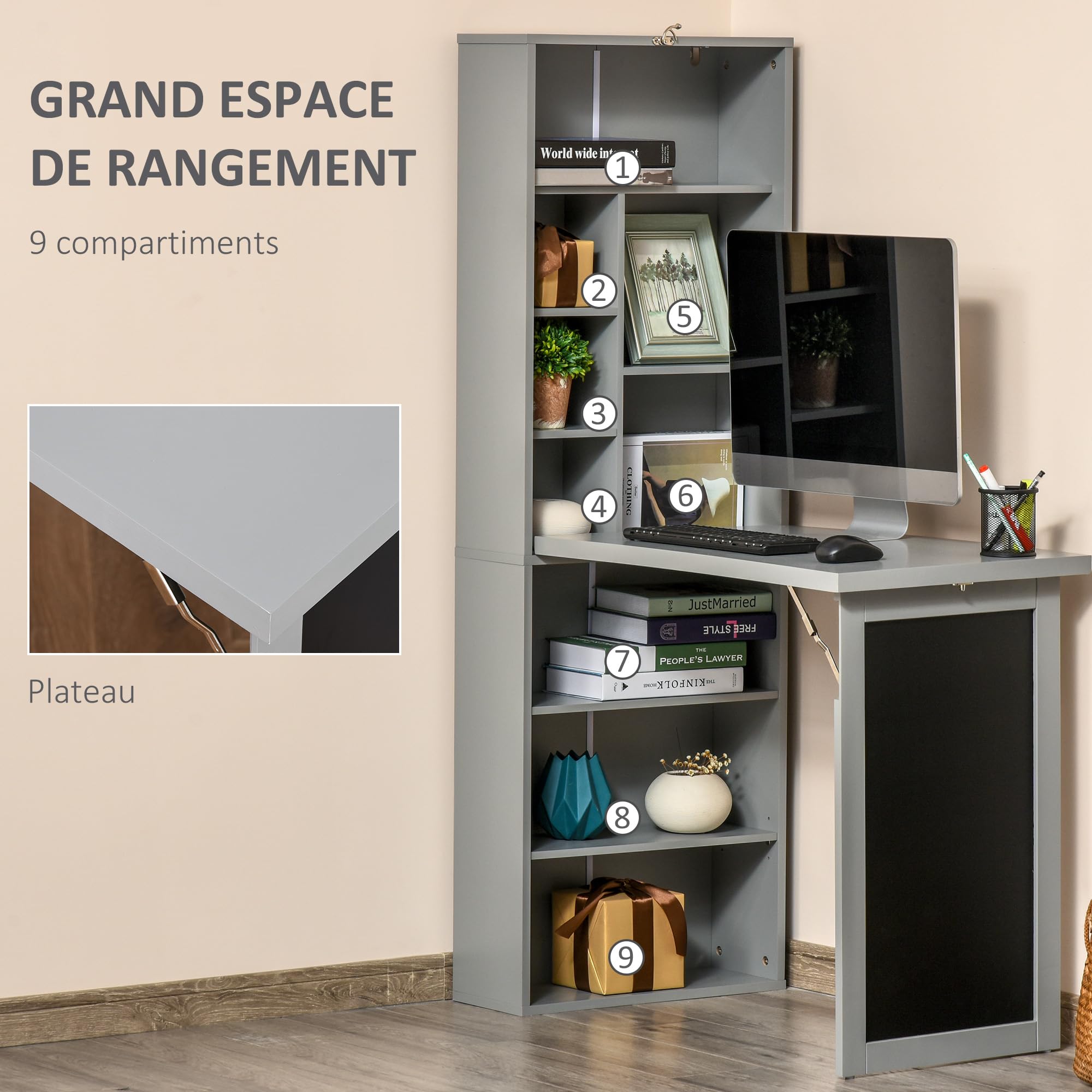 HOMCOM Escritorio Plegable para Ordenador, Escritorio con almacenaje, Mesa de Pared Plegable con librería, estación de Trabajo, Pizarra y Estante Ajustable, Gris Oscuro | Plegable, estación de trabajo, mesa negra, 9 compartimentos abiertos, estante ajusta