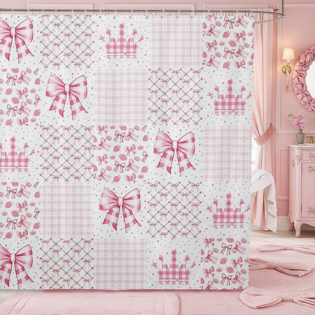 Manfei Black Bowknot Waterproof Bath Curtains with 12 Hooks for Bathtub,Princess Style Bow-tie Pink Black Shower Curtains,Dreamy Fairy Tale Bow Crossed Patchwork Bathroom Curtains,78 Inch Long