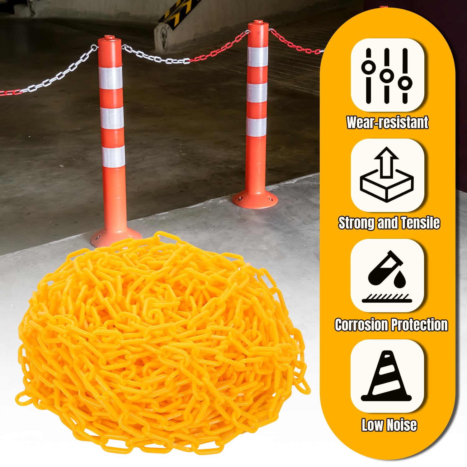 Cadena de bloqueo de 61 m, color amarillo, cadena de cierre de plástico para seguridad de advertencia, control humano, tráfico, línea de cola