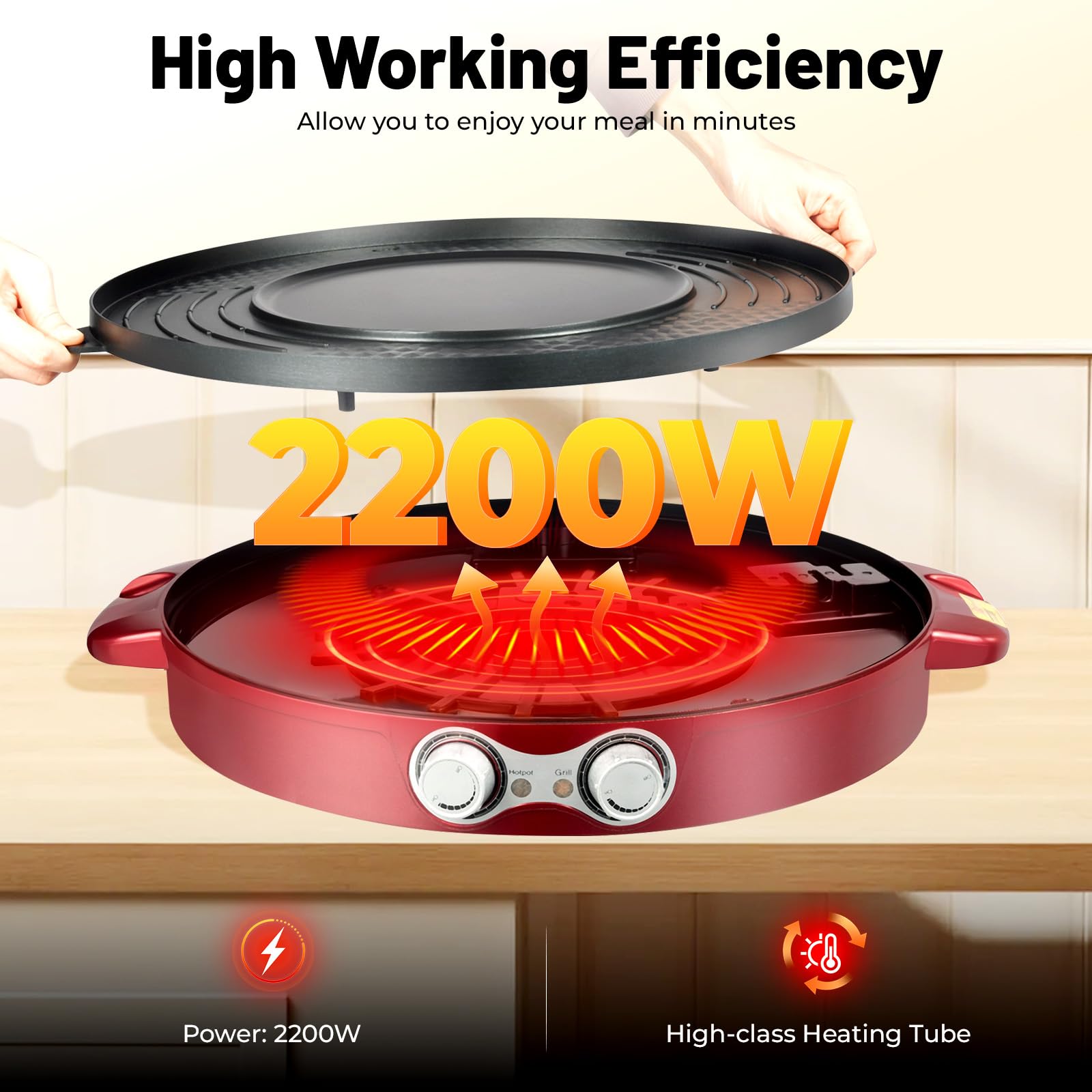 Hot Pot - Pentola elettrica 2200 W, con griglia e divisorio, multifunzione, 2 lati, antiaderente e griglia da tavolo, 2 in 1, per 2-8 persone, colore rosso, 52 x 18,5 cm