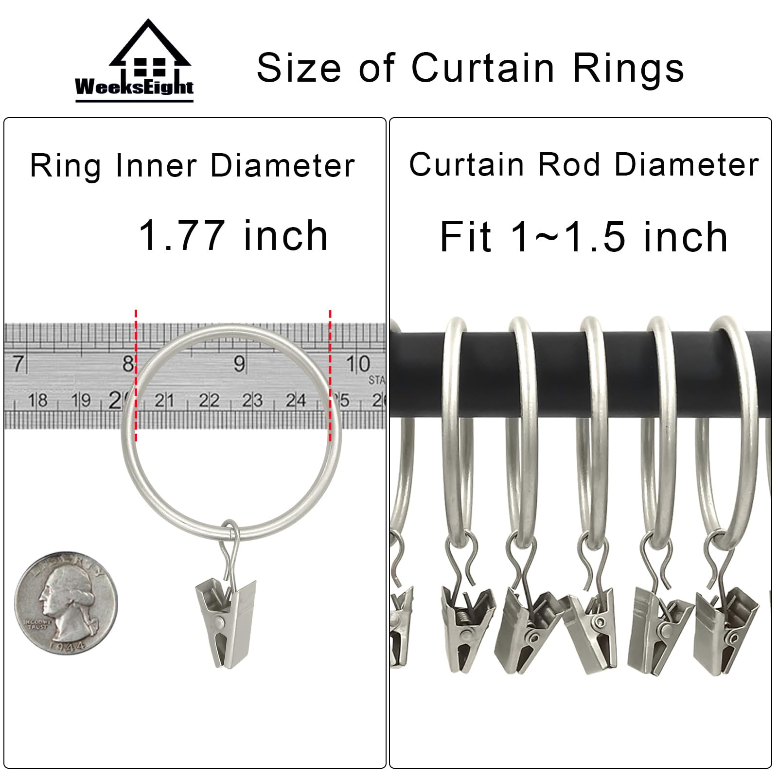 40 Pack Metal Curtain Rings With Clips - Bronze Drapery Hooks, 1.5 Inch Inner Diameter For Rods